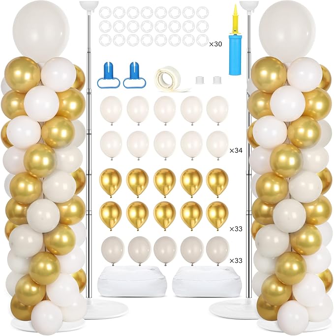 2 Sets Retro Sand White Gold Balloon Column Stand Kit with 100 Balloons Adjustable Balloon Tower Stand with Bases for Floor Balloons Column Kit for Graduation Birthday Appreciation Party Decor