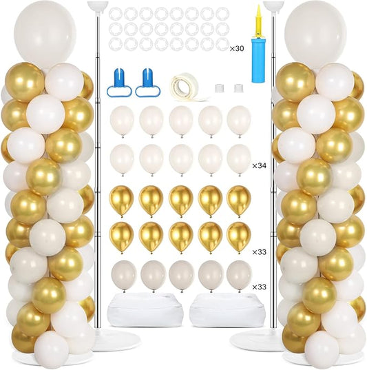 2 Sets Retro Sand White Gold Balloon Column Stand Kit with 100 Balloons Adjustable Balloon Tower Stand with Bases for Floor Balloons Column Kit for Graduation Birthday Appreciation Party Decor