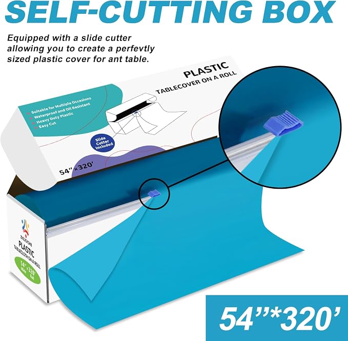 54IN X 320FT Plastic Table Cover Roll with Cutter Box, Cut to Size Plastic Table Cloths for Parties, Birthday, Disposable Tablecloth Roll for All Shape Tables (Turquoise, 54 Inch X 320 Feet)