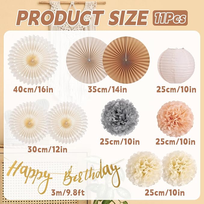 EASY JOY Champagne Beige Paper Flowers Tissue Pom Poms Boho Birthday Decorations Paper Lanterns Party Decorations Happy Birthday Banner White Paper Fans for Boho Fall Rustic Neutral Baby Shower