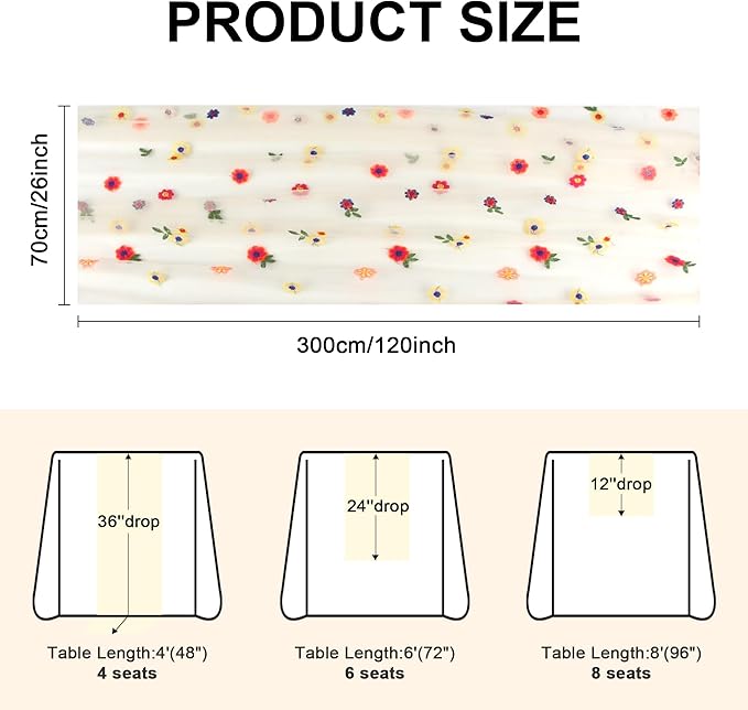 FEXIA Spring Table Runner 10FT Floral Gauze Mesh Garden Tea Party Decorations Romantic Dining Table Decoration for Easter, Weddings, Birthday Valentine’s Day Living Room Styling Home Decor
