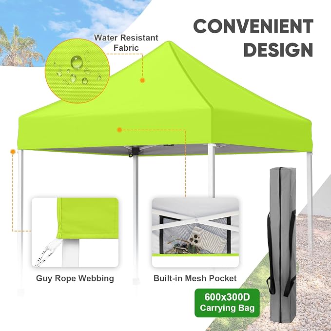 COOS BAY 5x5 Pop Up Canopy Tent, Portable Lightweight Sun Shelter with Carry Bag, Easy Setup Outdoor Canopy for Beach, Camping, Sports & Backyard Shade, Neon Green