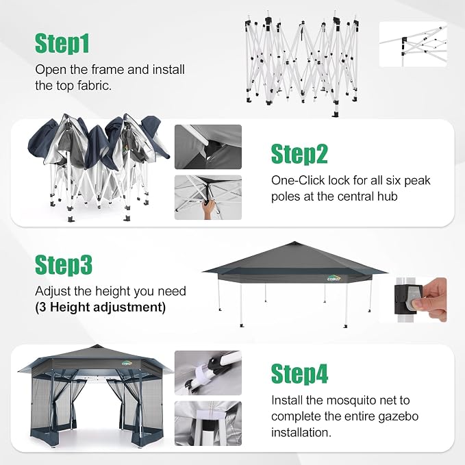 COBIZI 16x16 Pop Up Gazebo Tent with Mosquito Netting, Gazebos on Clearance, Hexagonal Outdoor Canopy Shelter, Patented Center Lock 6-Sided Portable Gazebos, Pop Up Canopy Tent for Backyard, Gray