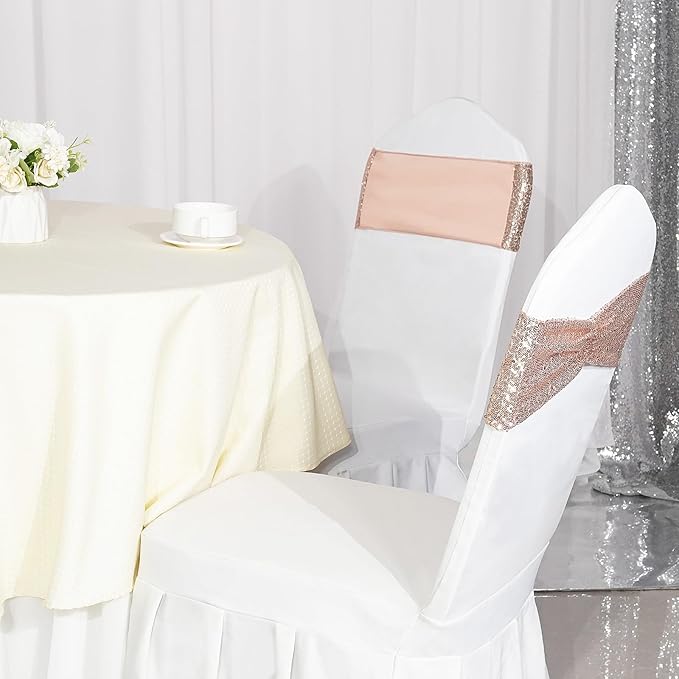 SquarePie Pack of 100 Chair Sashes Bands Rose Gold Stretch Spandex One-Sided Sequin Chair Bows Sashes for Wedding Party Fiesta Decor