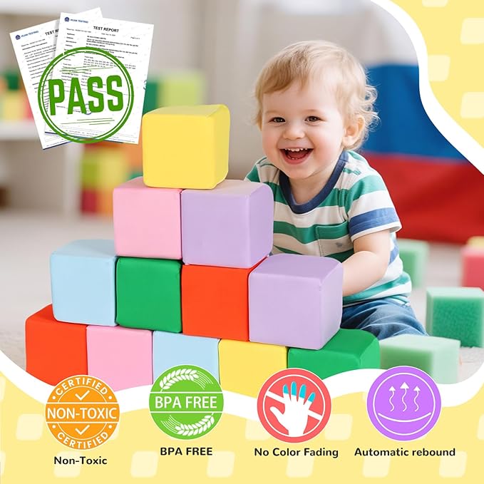 12-Pack 5 Inch Foam Cubes, Soft Play Pit Fillers for Indoor Games, Trampoline & Rock Climbing Mats - 6 Colors (Yellow/Green/Blue/Pink/Purple/Orange)