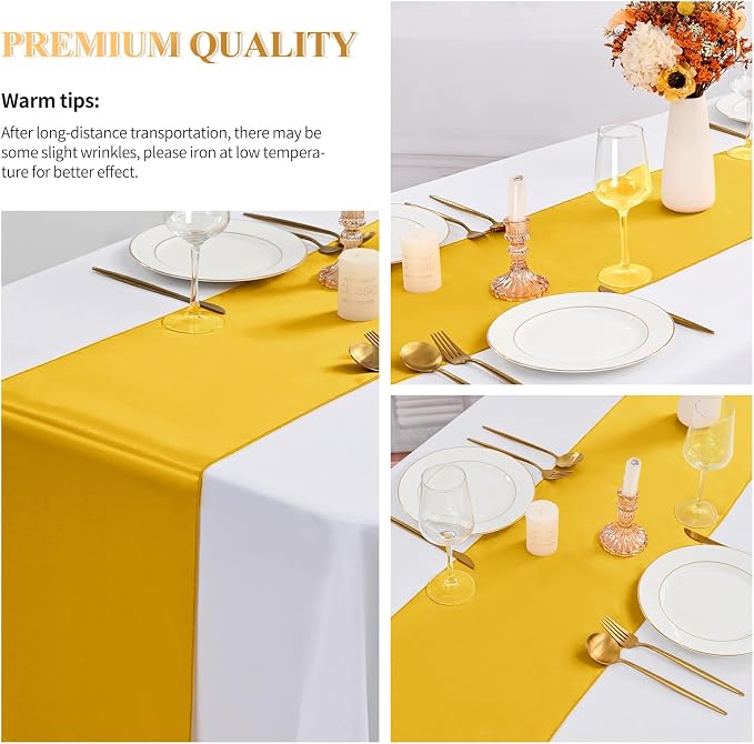 24 Pack Gold Satin Table Runners,12 x 108 Inch Long Table Runners for Rectangle Round Tables, Smooth Satin Table Runner for Wedding, Birthday Party Banquets Decoration