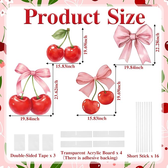 4 Pcs Cherry on Top Baby Shower Decorations, Large Pink Bow Cardboard Cutouts, Sweet Cherry Birthday Decorations Standups for Photo Booth Props & Birthday Party Decor