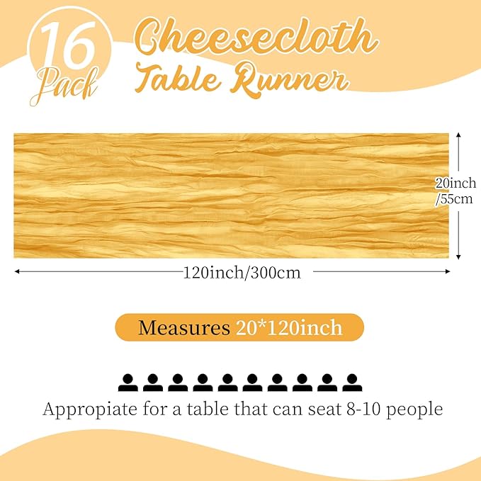16 Pack Gold Cheesecloth Table Runners 20x120 Inch Gauze Table Runner 10FT Easter Cheese Cloth Table Runner Rustic Sheer Runner for Wedding Baby Shower Birthday Party Table Decor