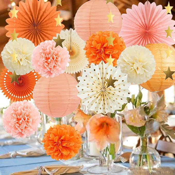 Beige Orange Peach Fall Party Decorations Boho Orange Peach Birthday Decorations Paper Fans Lanterns Peach and Cream Party Decorations for Autumn Baby Shower Bridal Shower Wedding Engagement Party