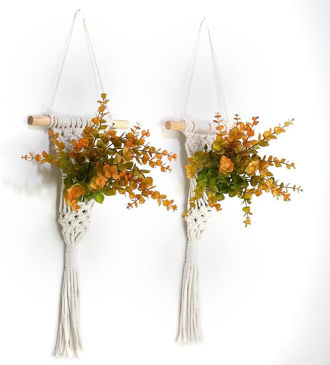 Macrame Wall Hanging Plants with LED Lights, White Cotton Rope, Wooden Dowel, Boho Woven Plant Holders with Artificial Eucalyptus Leaves, Wall Decor, Set of 2 (Orange)
