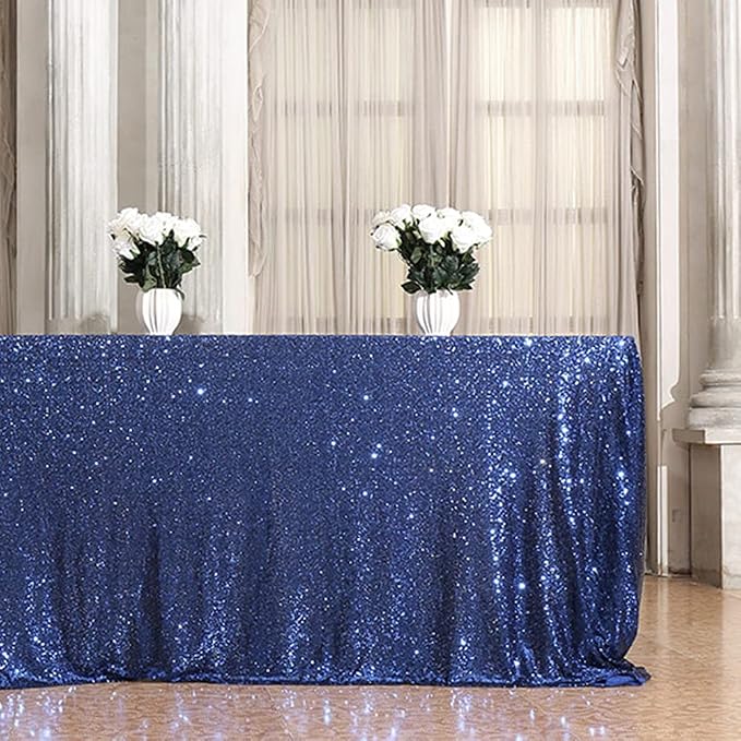 Eternal Beauty Navy Blue Tablecloth, 50x80 Inch Sequin Rectangle Table Cover for Cake Dessert Exhibition Party Birthday Events
