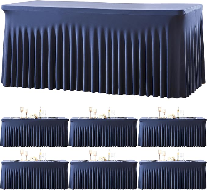 gogoparti 6 Pack Spandex Navy Blue Fitted Table Cloth for 8ft Rectangle Tables Navy Blue Stretch Tablecloth Banquet Table Covers Skirt Wrinkle Free Tablecloths for Parties Wedding