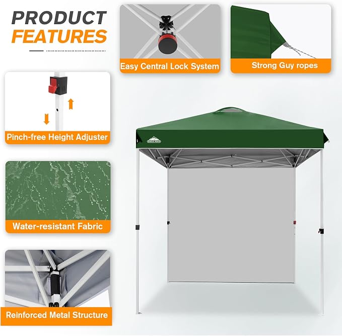 EAGLE PEAK Commercial Canopy 6.6x6.6 Pop Up Canopy Tent with 1 Sidewall, Easy Setup Heavy Duty Instant Event Shelter for Vendors & Markets, Outdoor Sun Shade, Green