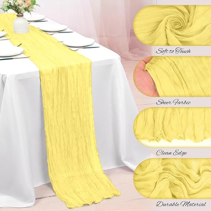 24 Pack Light Yellow Cheesecloth Table Runner 10FT Boho Gauze Cheese Cloth Table Runner Rustic Sheer Fabric Table Runners for Wedding Bridal Shower Baby Shower Party(21.5×120 Inch)