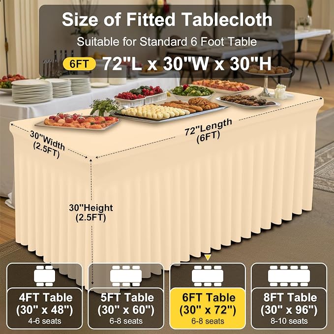 Smiry Spandex Tablecloth 2 Pack, Elastic Fitted Stretch Tablecloth for 6FT Rectangle Tables, Waterproof Washable Table Cover Skirt for Outdoor, Wedding, Banquet & Parties (Ivory, 72Lx30Wx30H Inch)