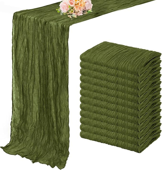 12 Pack Olive Green 10FT Cheesecloth Table Runner Rustic Gauze Cheese Cloth Table Runner for Wedding Bridal Baby Shower Table Decorations Boho Fabric Sheer Birthday Party Decor 20 x 120 Inch Long