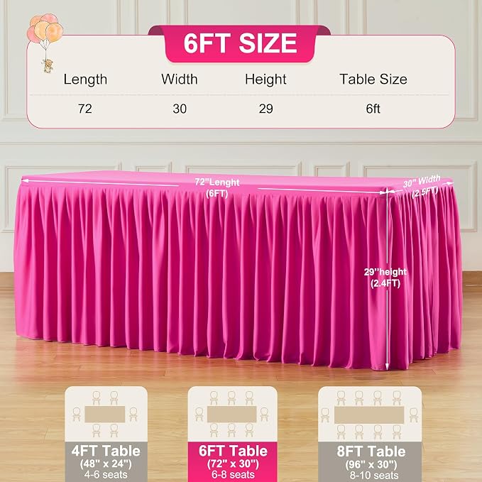 6 Packs Hot Pink Tableclothes for 6 Foot Rectangle Tables, Wrinkle Free Fitted Table Cloth 6ft Stretch Table Cover with Skirt for Parties Weddings Birthday Banquet Baby Shower