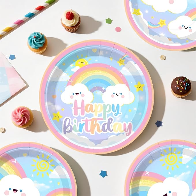 Xynic 174pcs Rainbow Birthday Decorations Tableware Complete Party Set, Rainbow Birthday Party Decorations, includes Pastel-Rainbow Paper Banner Plates Napkins Cups Forks, etc, Serves 25 Guests