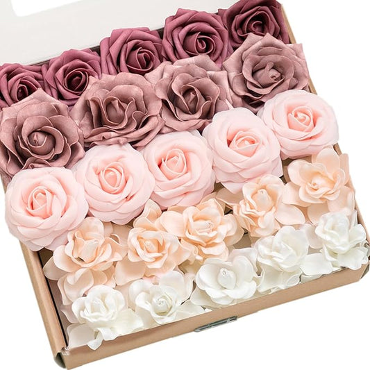 Ling's moment Artificial Flowers Fake Roses Faux Foam Gardenia Combo for DIY Wedding Bouquets Centerpieces Arrangements Bridal Shower Party Home Decorations, Mauve & Blush, 24pcs