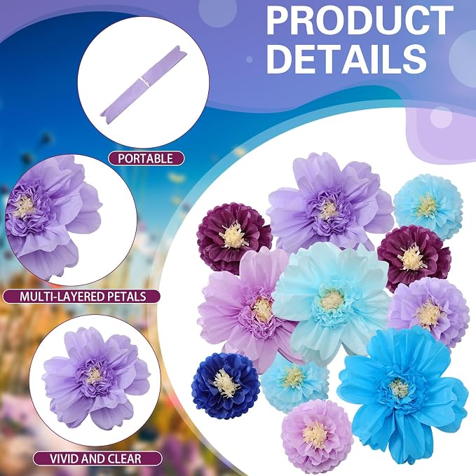 Crowye 12 Pcs Large Colorful Tissue Paper Flowers Decorations Giant Fiesta Craft Crepe Paper Flowers for Wall Decor Backdrop Mexican Wedding Birthday Carnival Party (10'' 20'',Multicolor)
