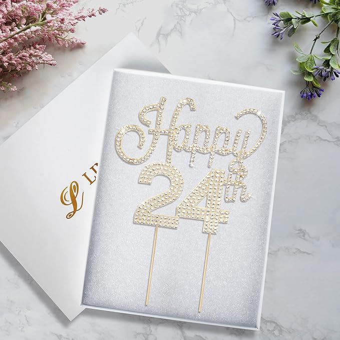 LINGTEER Happy 24th Birthday Gold Rhinestone Cake Topper - Cheers to 24th Birthday 24 Years Old Party Cake Centerpieces Topper Decorations Gift Sign.