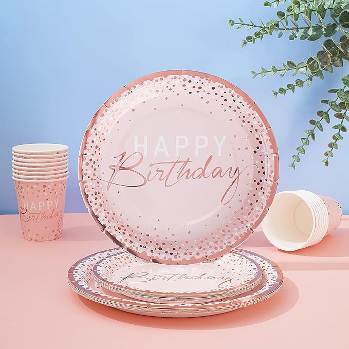 175PCS Happy Birthday Plates and Napkins Party Supplies, Paper Pink and Rose Gold Plastic Forks Knives Spoons Serve 25 Guests for Girl Women