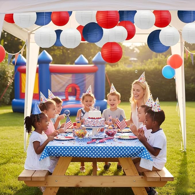 Red Blue and White Paper Lanterns (12 Pack) - Hanging Paper Lanterns for Veterans Day,July 4th Party,Memorial Day,Independence Day Party Decoration