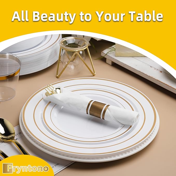 175 PCS White and Gold Plastic Dinnerware Set for 25 Guests, Disposable Party Plates for 25 Guests, Include: 50 Plastic Plates, 25 Pre Rolled Napkins with Gold Silverware, 25 Cups