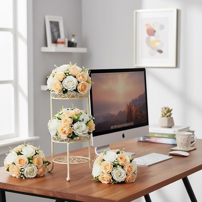 Artificial Flower Centerpieces for Tables - 6pcs of Rose Balls, Classic Kissing Floral Balls, Fake 15-head Plastic Roses with Base for Birthday Party Christmas Home Wedding Decor(Champagne White)