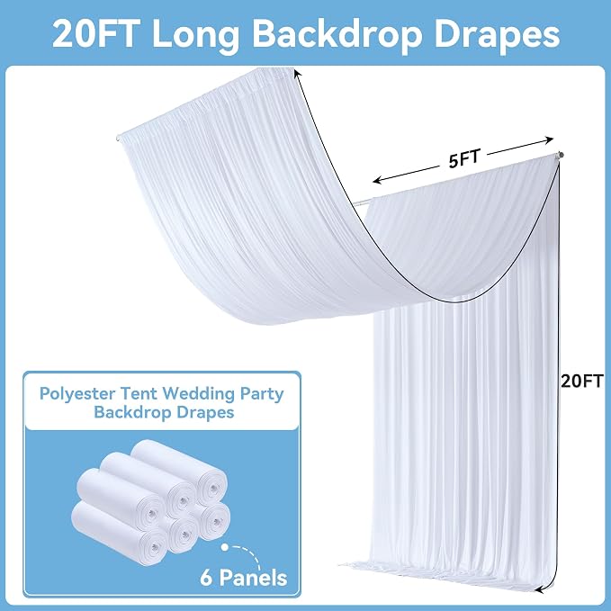 6Panels White Wedding Drapes, 5ftx20ft Wrinkle Free Tent Draping Curtains, Fabric Canopy Ceiling Drapes for Ceremony Birthday Theme Parties with Rod Pocket