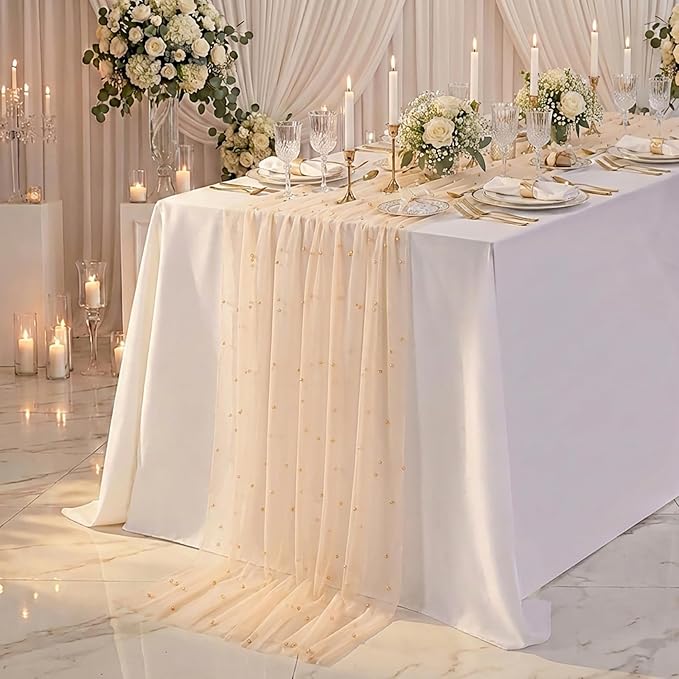LuoluoHouse Champagne Pearl Table Runner Centerpieces: 10ft Pearl Tables Decor 29x120 Inch 3pcs Tulle Chiffon Fabric for Wedding Decor Birthday Party Dining Table Covers