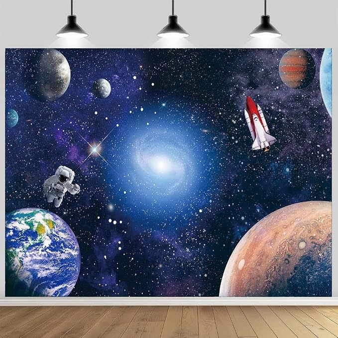 8x6FT Space Astronaut Photo Backdrop Cosmic Galaxy Planet Rocket Photography Background Newborn Gift Children Birthday Party Baby Shower Banner Photographic Studio Photo Backgrounds