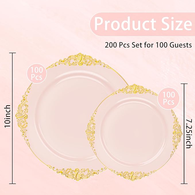 200PCS Pink and Gold Plates - Pink Plastic Plates - Fancy Disposable Plate with Gold Rim - Vintage Wedding Dinner & Dessert Plate for 100 Guests for Wedding & Bridal Shower & Mother's Day