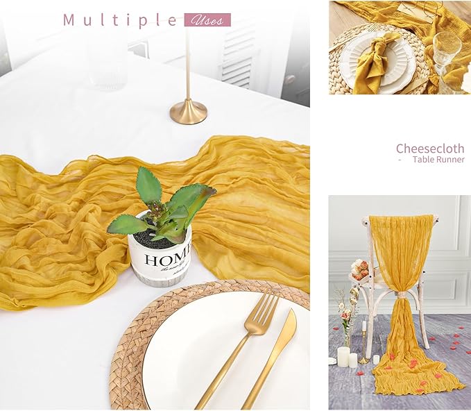 Showgeous 6 Pack Mustard Cheesecloth Table Runner Gauze Table Runner 10FT Long Semi-Sheer Table Runner Boho or Rustic Wedding Table Decor for Wedding Decor Arch Draping Bridal Shower Holiday Party