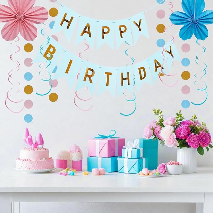 Birthday Party Decorations Kit Blue Pink & Gold, Happy Birthday Banner Garland Paper Pompoms, Flower Fans, Honeycom Ball , Lantern, Hanging Swirls, 20pcs
