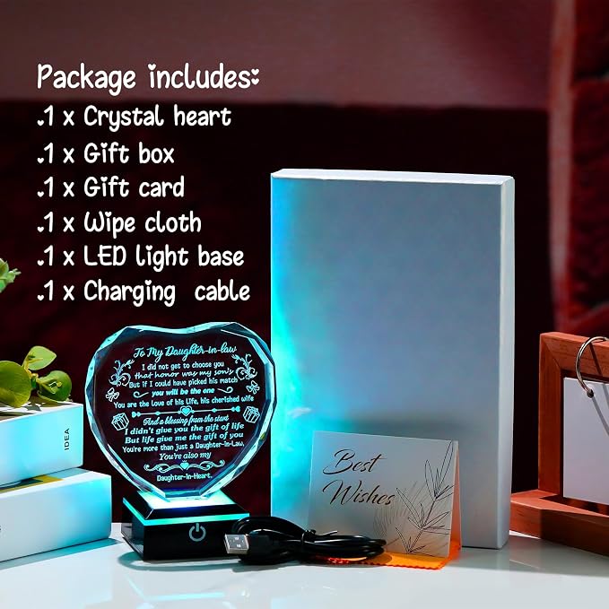 Arikyrist Daughter in Law Birthday Gifts Heart Crystal Keepsake for Daughter-in-Law with LED Light Base Daughter in Law Gifts from Mother in Law on Christmas Wedding Anniversary
