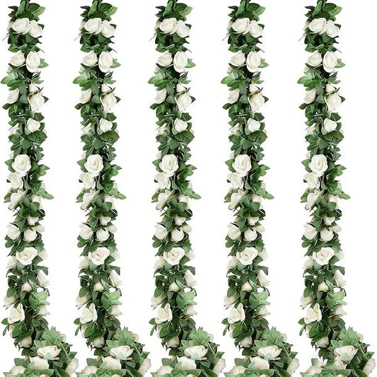 5pack Flower Garland Artificial Fake Rose Garland Vine Artificial Flowers for Decoration Floral Garlands Decor-Total 41 Ft (White)