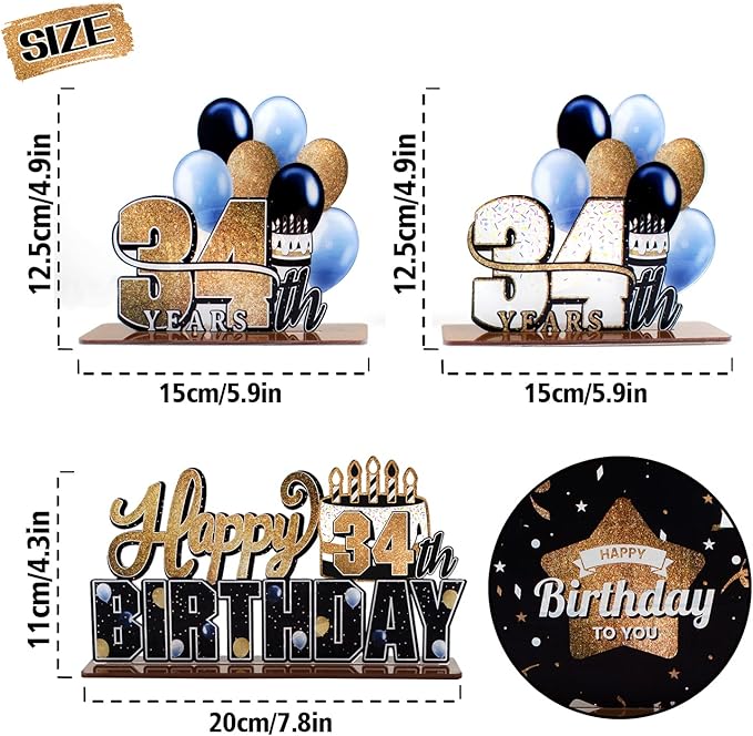 LINGTEER Happy 34th Birthday Gold Acrylic Table Topper Centerpieces Set - Cheers to 34 Years Old Birthday 34th Bday Party Gift Decorations.