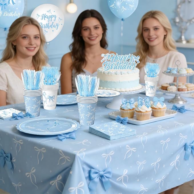 Blue Bow Birthday Decorations Set Includes Plates, Napkins, Cups, Cutlery, Banner, Hanging Swirls, Cake & Cupcake Toppers, Honeycomb Centerpieces, Balloons, Tablecloths for Coquette Party Decorations