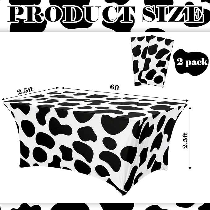 Frienda 2 Pcs Cow Pattern Tablecloth Stretch Spandex Black and White Cow Pattern Table Cover 71 x 30'' Rectangle Tablecloth for Farm Animal Themed Birthday Baby Shower Party Decorations