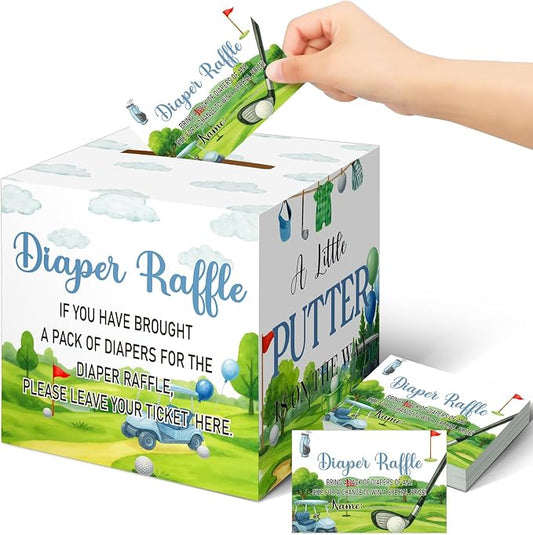 Teling 51 Pieces Diaper Raffle Tickets Box with Card Baby Shower Decorations Gender Reveal Holder Box for Girl Boy Diaper Raffle Party (Golf Style)