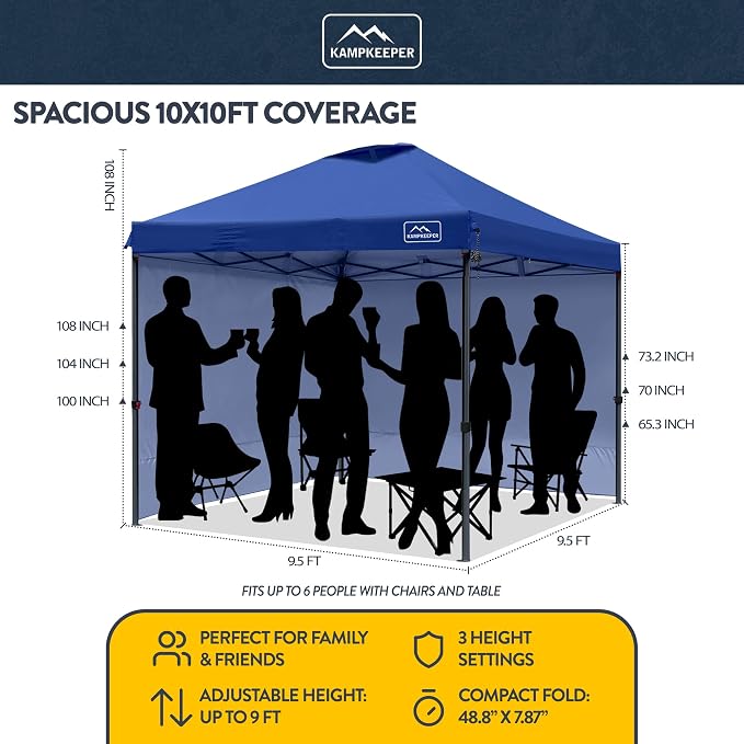 KAMPKEEPER 10x10 Pop-Up Canopy Tent, Waterproof, Portable Shade with Side Walls, Adjustable Instant Outdoor Shelter for Camping, Backyard, and Events, Navy Blue