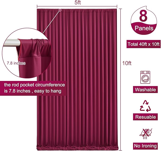 40ft x 10ft Burgundy Backdrop Curtain for Parties Wedding Maroon Wrinkle Free Backdrop Drapes Panels for Birthday Party Bridal Shower Photo Photography Polyester Fabric Background Decoration