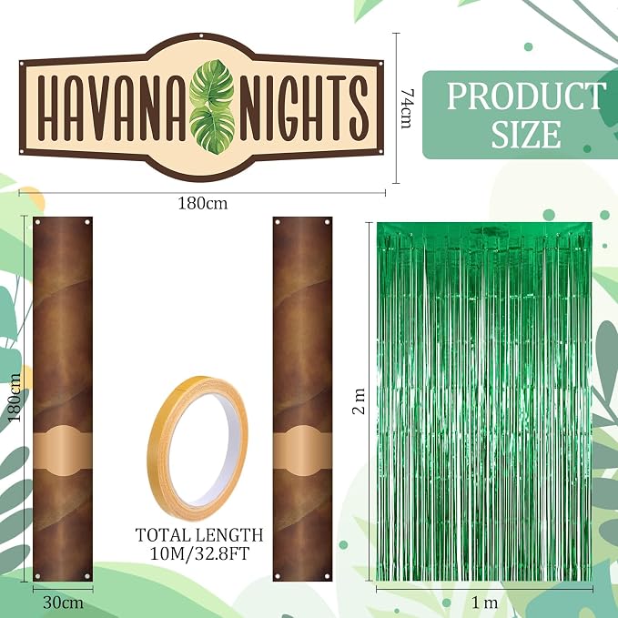 Peryiter 5 Pcs Havana Nights Party Decorations Cuban Party Decoration Arch Banners, Green Foil Fringe Curtains for Cuban Tropical Photo Booth & Entrance Backdrop Birthday Baby Shower Favors