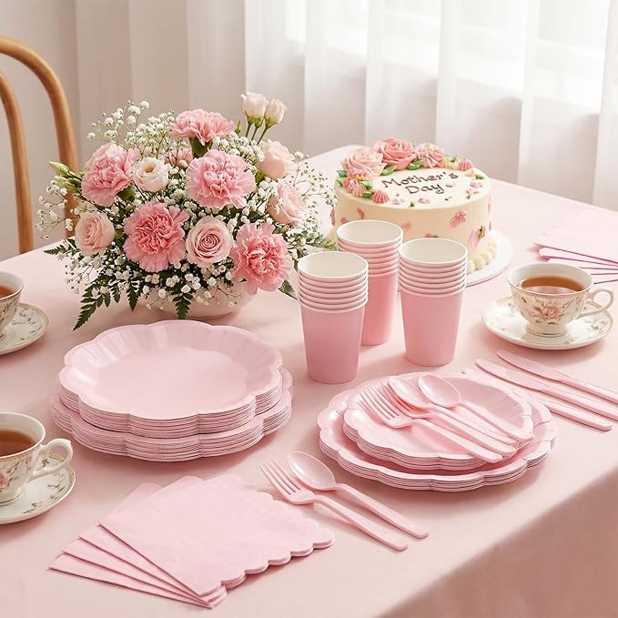 NatNarr 350 Pcs Pink Paper Plates and Napkins Set Include 9" Mothers Day Plates, 7" Dessert Plate Disposable Scalloped Tableware Serve 50 Guest for Wedding Baby Bridal Shower Birthday