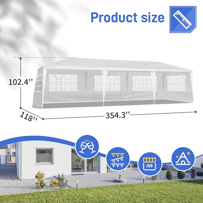 10x30 Canopy Tent for Parties, Heavy Duty Waterproof Outdoor Tent with 8 Detachable Sidewalls & Window Panels, Large Event, Wedding & Backyard Shelter, Commercial & Personal Use, White