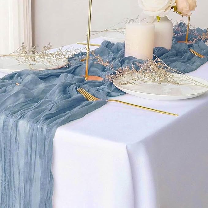 Dusty Blue Cheesecloth Table Runner 21x120 Inch Gauze Table Runners Reusable Polyester 10ft Boho Rustic Cheese Cloth Table Runner for Wedding Party Baby Shower Birthday
