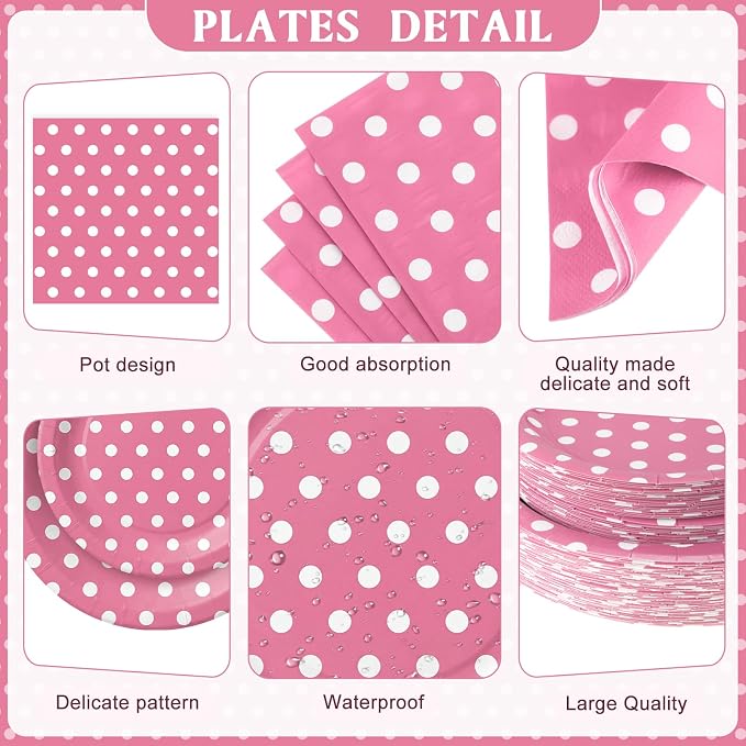 Funnymoom 452 Pcs Pink Polka Dot Party Supplies for 50, Pink and White Polka Dot Paper Plates Napkins Cups Tablecloth Cutlery Straws for Mouse Birthday Carnival Family Picnic Barbecue Party Decoration