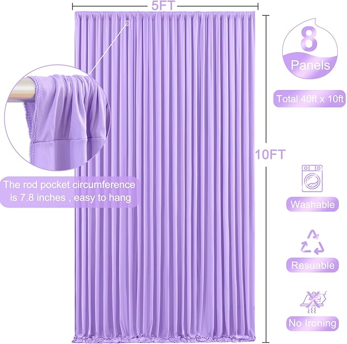 8 Panels Lavender Backdrop Curtain for Parties Wedding Light Purple Wrinkle Free 40ft x 10ft Backdrop Drapes for Baby Shower Birthday Party Photo Photography Polyester Fabric Background Decoration