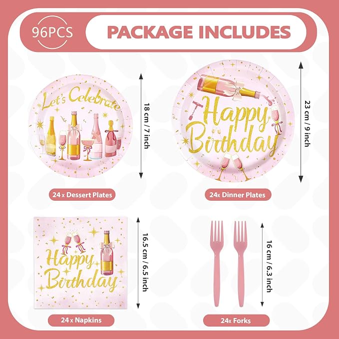 96Pcs Champagne Birthday Party Supplies Pink Rose Wine Theme Plates and Napkins Pink Rose Gold Glitter Beers Wine Tableware Set for Women 21 30 40 50 60 Years Birthday Party Supplies，Serves 24